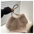 Plush faux fur shoulder bag in khaki brown with decorative knotted leather strap - With Pendant / Khaki