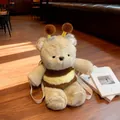 Cute plush bear backpack with bee-themed yellow stripes and adjustable white straps - One Size / Bear