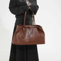 Elegant large capacity dark brown vintage leather shoulder bag with cross metal pendant charm - Brown