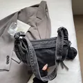 Black washed denim crossbody crescent bag with matching small round coin purse charm - One Size / Black