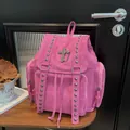 Pink faux suede punk backpack with silver studs and cross pendant decoration - Pink