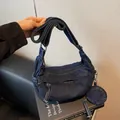 Dark blue denim hobo bag with wide shoulder strap and matching round coin purse pouch - One Size / Dark Blue