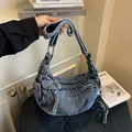 Vintage dark blue washed denim dumpling bag set with drawstring detail and mini pouch - One Size / Retro Blue