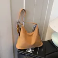 Caramel large capacity faux suede tote bag with stylish wooden bead pendant and soft texture - With Pendant / Brown
