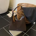 Deep brown faux suede hobo shoulder bag with colorful wooden beaded tassel charm - With Pendant / Dark Coffee