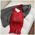 Handmade red woven tote bag with fringe tassels and drawstring liner for beach or daily use - No Pendant / Red