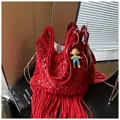 Handmade red macrame tote bag with tassels and beige drawstring inner pouch - With Doll Pendant / Red