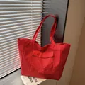 Minimalist red checkered nylon tote bag with large capacity and front flap pocket - Red