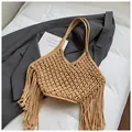 Khaki hand-woven hollow tote bag with long tassels in a stylish bohemian design - No Pendant / Khaki