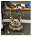 Retro large capacity plaid shoulder bag in brown wool with ruched handle detail - With Pendant / Khaki Plaid