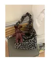 Retro leopard print plush shoulder bag with a dark red leather bunny pendant - With Pendant / Leopard Print Black