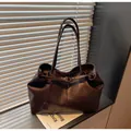 Large dark brown minimalist tote bag with silver buckle and vintage texture - Coffee