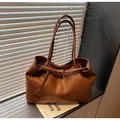 Retro brown leather tote bag with large capacity and soft texture for women - Brown