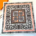 90cm silk square scarf with baroque floral pattern and hand-rolled edges on gray base - Hand-Rolled Edge / Pink Trim