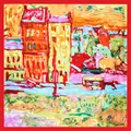Foulard di seta 60cm con stampa astratta di case a olio e bordo rosso vivace - Rosso