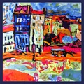 Foulard di seta 60cm con stampa casa a pittura a olio e bordo blu navy quadrato - Blu navy