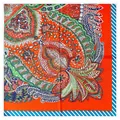 53cm orange paisley silk square scarf with floral pattern and blue striped border - Orange