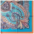 Turquoise paisley square silk scarf with floral patterns and orange striped borders - Blue