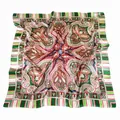 90cm Bohemian paisley square silk scarf with vintage floral patterns and green red border - Green