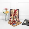 Detail of champagne satin silk scarf with oil painting floral pattern on dark wood frame - 90cm*90cm / Khaki