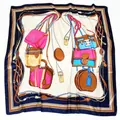 Classic 90cm square silk scarf with luxury handbag and chain prints on navy border - Navy Blue