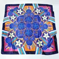 Elegant 90cm square silk scarf with blue and orange mandala floral print for women - Navy Blue