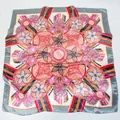 90cm large square silk scarf with hand-painted floral patterns and colorful border - Gray