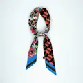 Detailed close-up of sunflower print silk scarf with luxury geometric patterns - Blue Pink Contrast Floral Check Double Sided Style (X233-3)