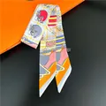 Detail of colorful horse pattern silk twilly scarf with high-quality satin texture - Grey Printed (C215-1)