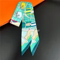 Teal twilly silk scarf with horse head print for handbag handle wrap and hair accessory - Cyan Printed (C215-2)