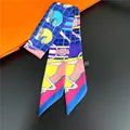 Deep blue horse print twilly scarf with equestrian motifs on an orange gift box - Dark Blue Printed (C215-4)
