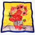 Van Gogh sunflower oil painting print square silk scarf with blue border detail - Navy Blue
