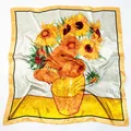 Carré de soie Van Gogh Tournesols pour femme avec imprimé de peinture à l'huile jaune - Jaune