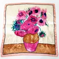 Van Gogh sunflower oil painting silk square scarf in pink and purple colors 90cm - Pink