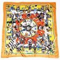Silk-like square scarf with bright orange border and intricate tribal pattern print - Orange Border
