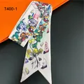 Cream twilly silk scarf featuring colorful butterfly floral prints and tapered ends - Pink Cream Butterfly Flower (T400-1)