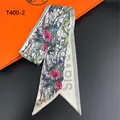 Narrow silk scarf for women featuring floral print and Paris typography in beige - White Paris Floral (T400-2)