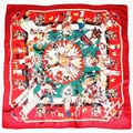 Pañuelo cuadrado de seda rojo 90cm con ilustraciones étnicas tradicionales y figuras - Borde Rojo Vino