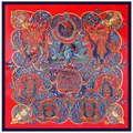 Close-up of red and blue vintage silk scarf featuring intricate horse and floral patterns - Red