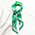 Elegant green floral twilly scarf with daisy prints and rabbit motifs for hair or neck - Green Daisy Rabbit Illustration Pattern (T415-4)