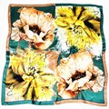 Satin floral square scarf featuring bold yellow blossoms and dark green geometric patterns - Green