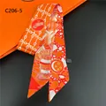 Orange twilly silk scarf with bird totem and geometric patterns for handbag handles - Orange Red Style (C206-5)