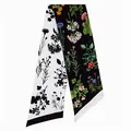 Elegant double-sided floral twilly scarf with black and white botanical prints - Black