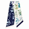 Autumn double-sided floral skinny silk scarf with dark blue and white botanical patterns - Navy Blue