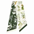 Double-sided twilly silk scarf with dark green floral pattern and diagonal ends - Green