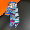Elegant geometric chain print silk scarf for handbags displayed with luxury gift box - Royal Blue & Lake Blue (C228-2)