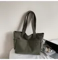 Large capacity army green corduroy tote bag with multiple pockets and long shoulder strap - One Size / Green