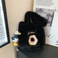 Black plush faux fur tote bag with pink sweet embroidery and cute duck charm - With Pendant / Black