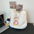 White faux fur tote bag with sweet donut embroidery and cute duck charm - With Pendant / White