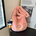 Pink plush tote bag with donut embroidery and cute duck charm accessory - Pink